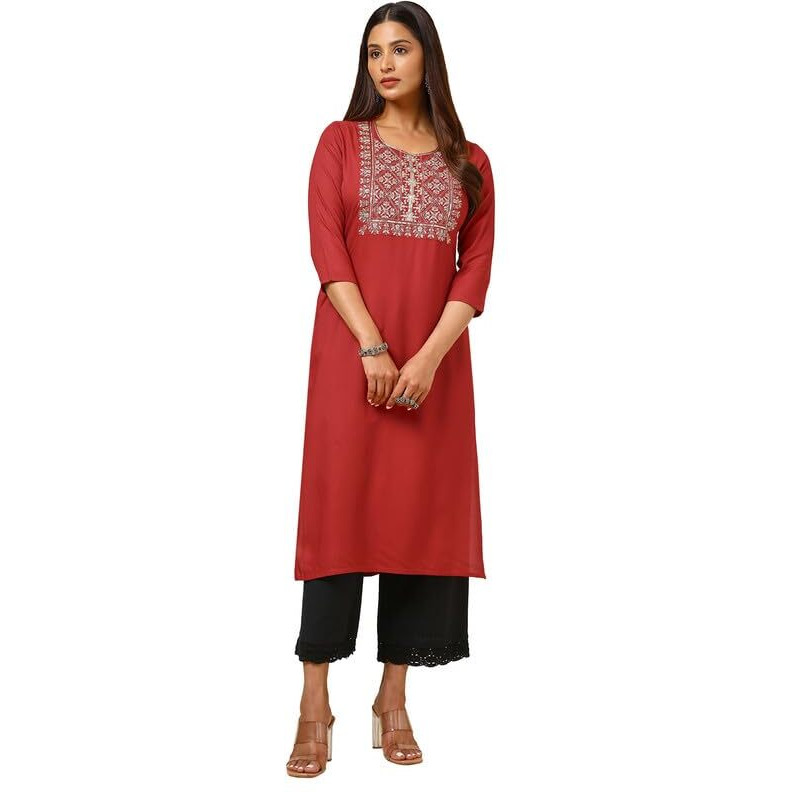 Soch Womens Red Rayon Embroidered Kurta With Sequins