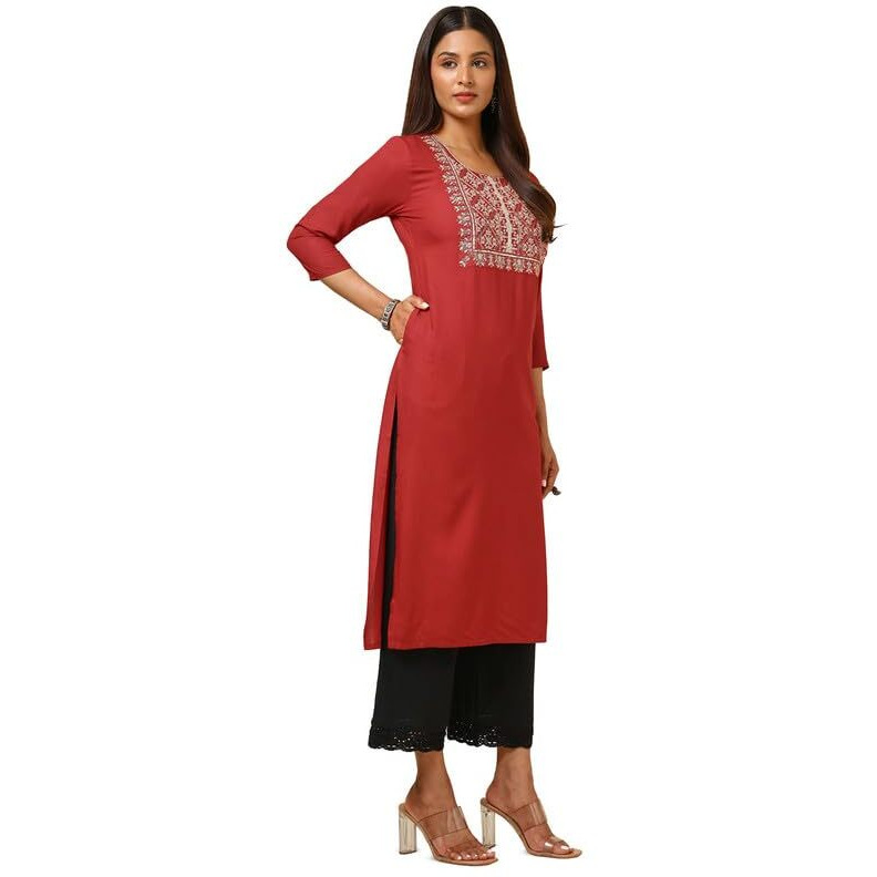 Soch Womens Red Rayon Embroidered Kurta With Sequins