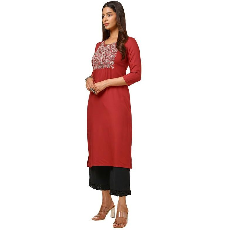 Soch Womens Red Rayon Embroidered Kurta With Sequins