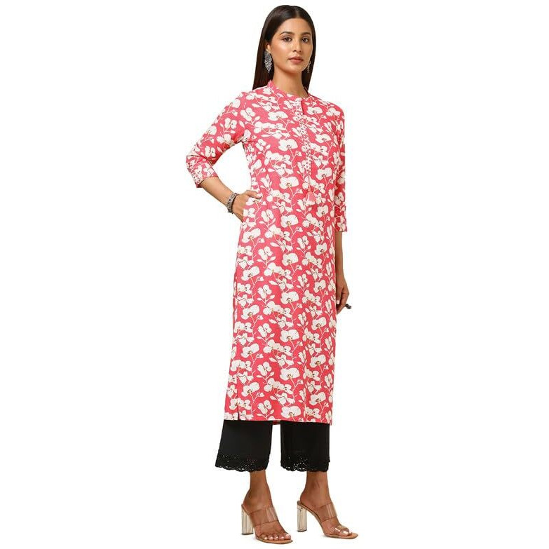 Soch Womens Pink Rayon Floral Print Kurta With Faux Mirror