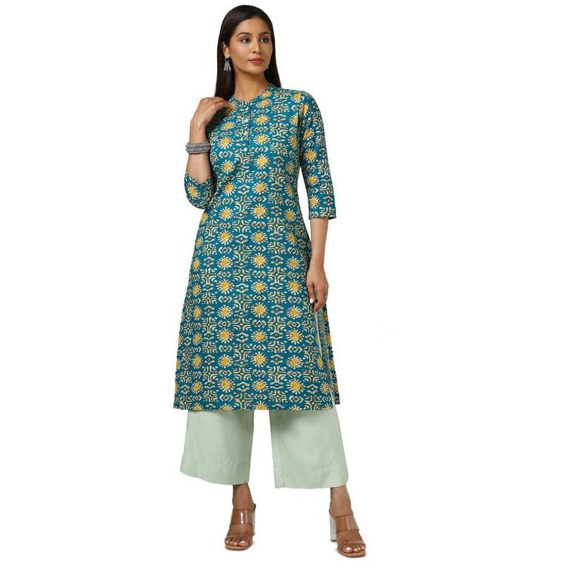 Soch Womens Teal Cotton Blend Abstract Print Kurta