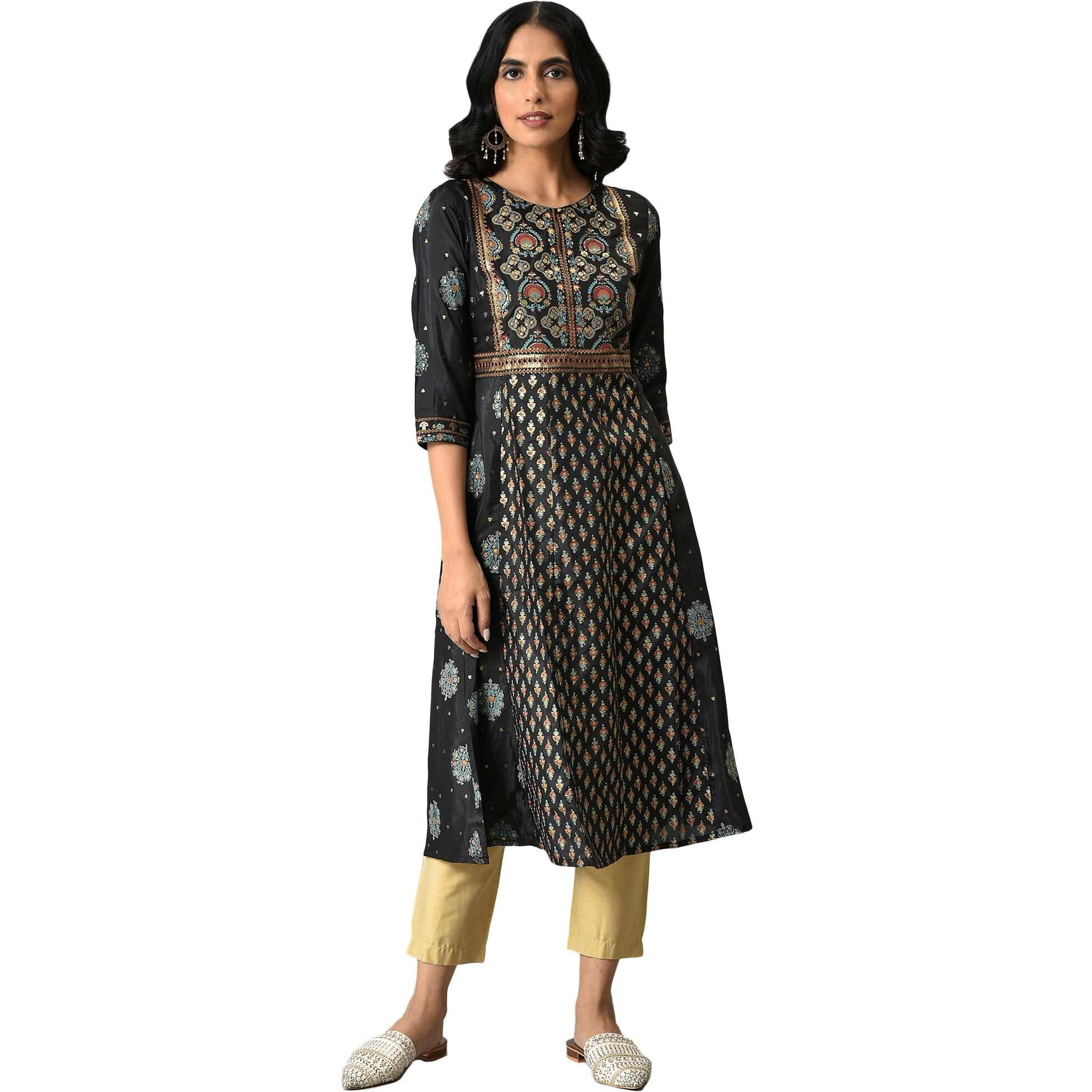 W For Woman Jet Black Foil Printed Shantung Kurta_22Auw18119-119188_Xs