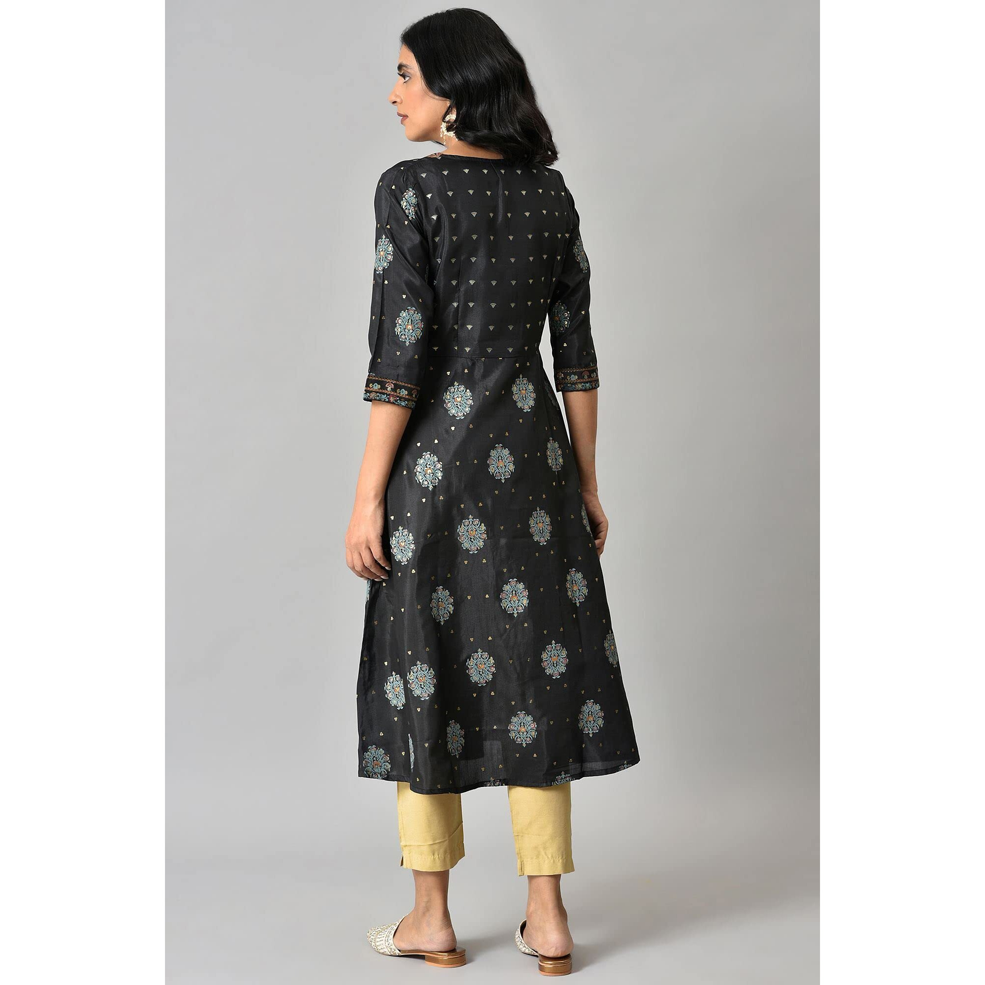 W For Woman Jet Black Foil Printed Shantung Kurta_22Auw18119-119188_Xs