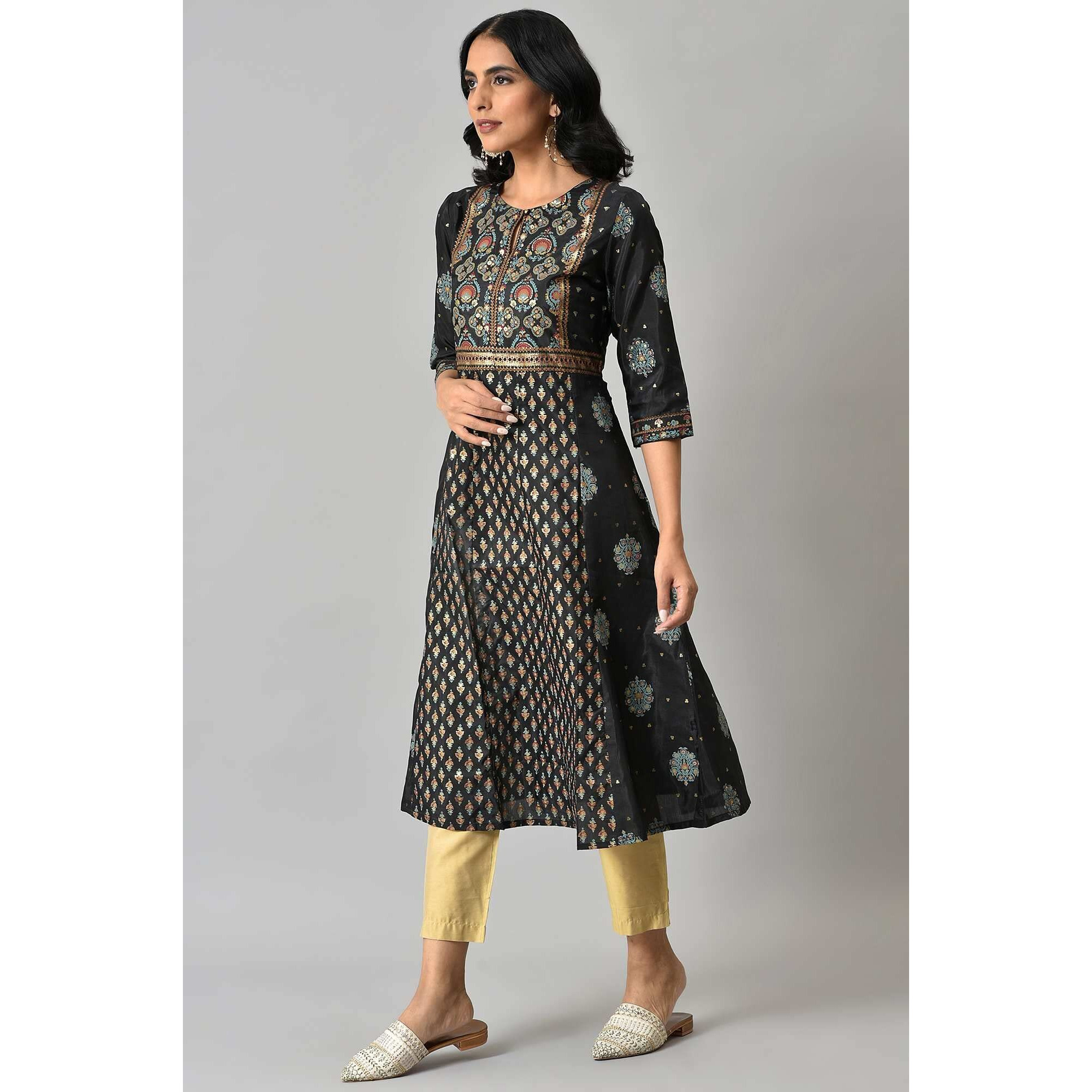 W For Woman Jet Black Foil Printed Shantung Kurta_22Auw18119-119188_Xs