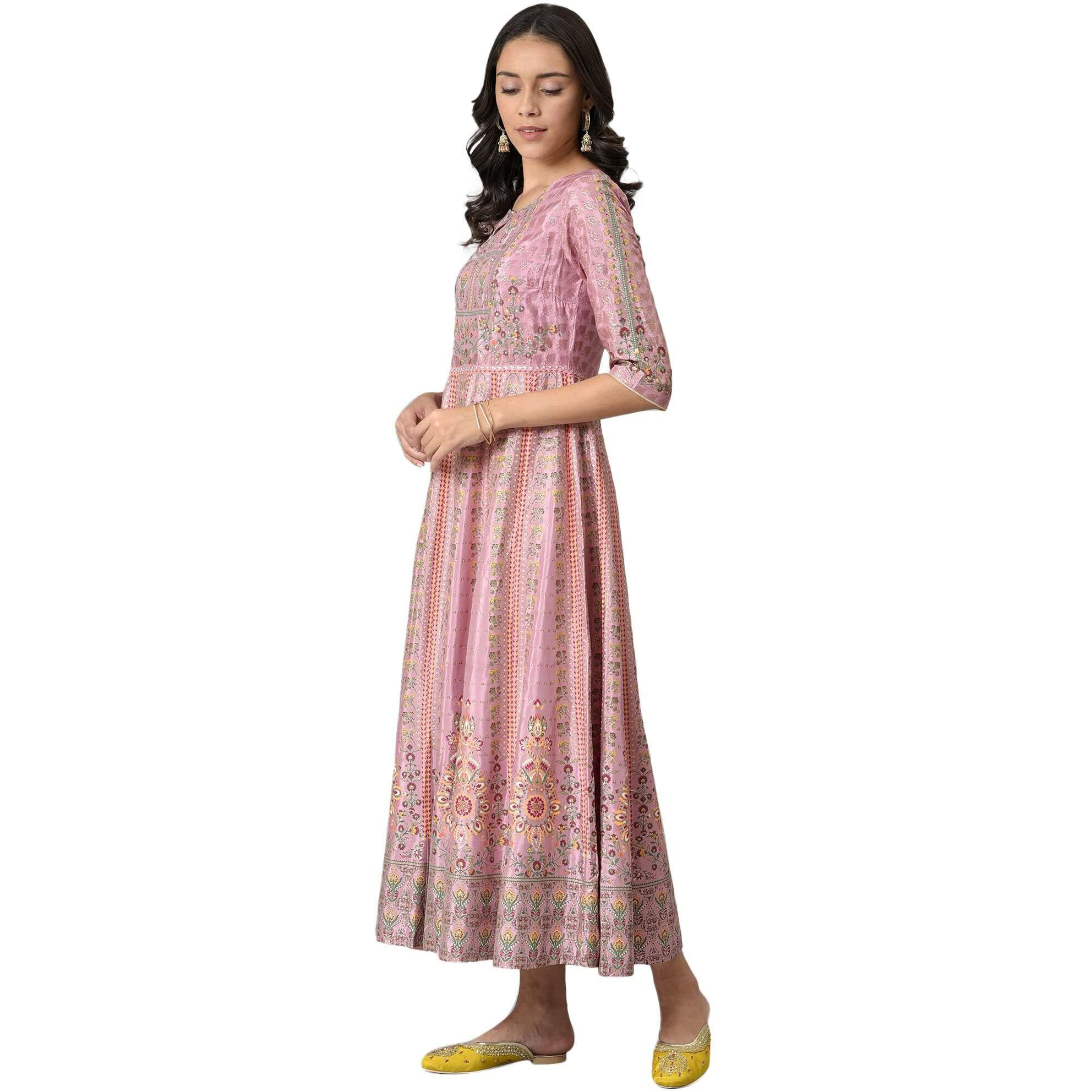 W For Woman Women Western Viscose Pink Glitter Printed Kalidar Dress Ankle Length 22Auw18123-119223_Champagne, Xs