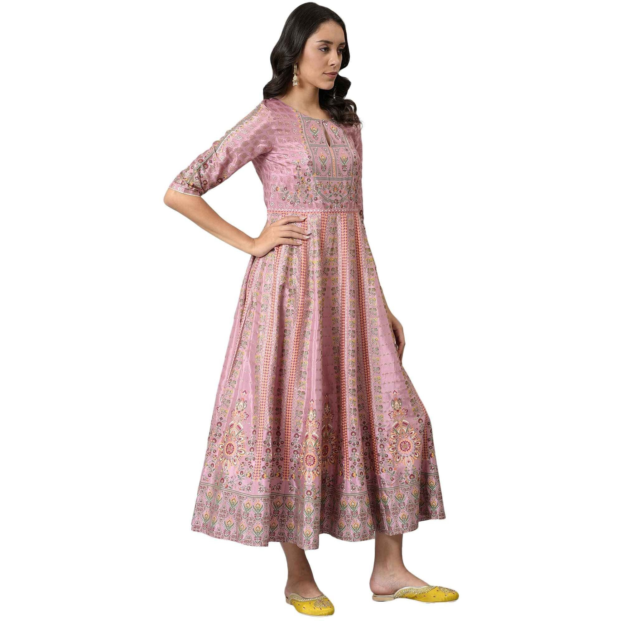 W For Woman Women Western Viscose Pink Glitter Printed Kalidar Dress Ankle Length 22Auw18123-119223_Champagne, Xs