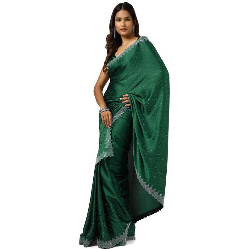 Soch Womens Green Satin Saree With Stone Work