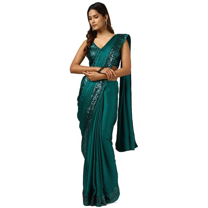 Soch Womens Teal Satin Saree With Stones And Sequins