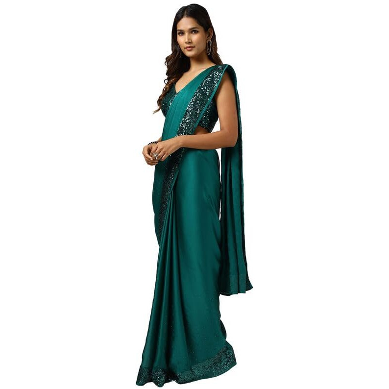 Soch Womens Teal Satin Saree With Stones And Sequins