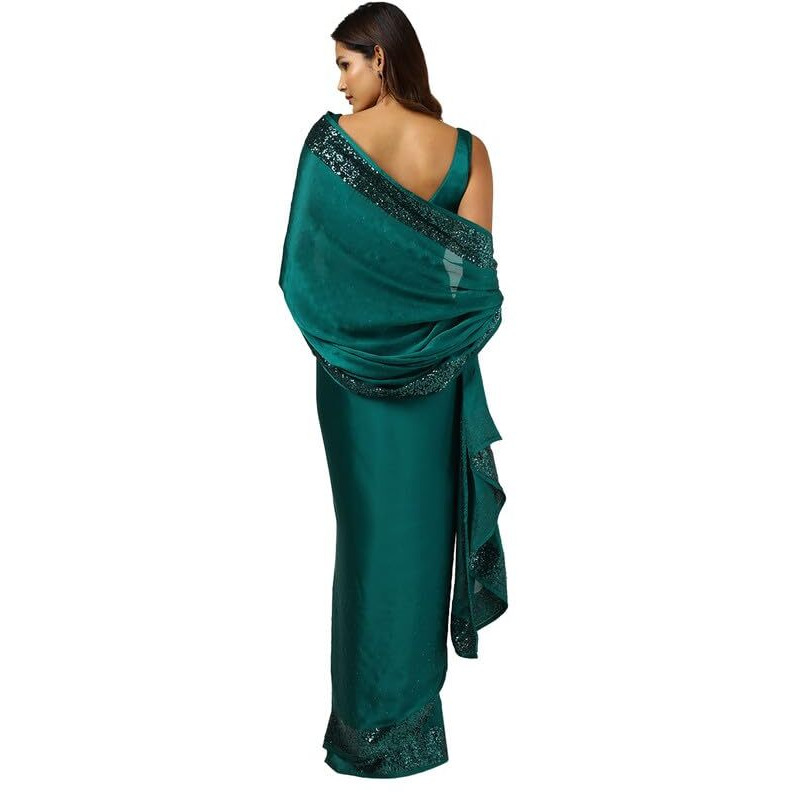 Soch Womens Teal Satin Saree With Stones And Sequins