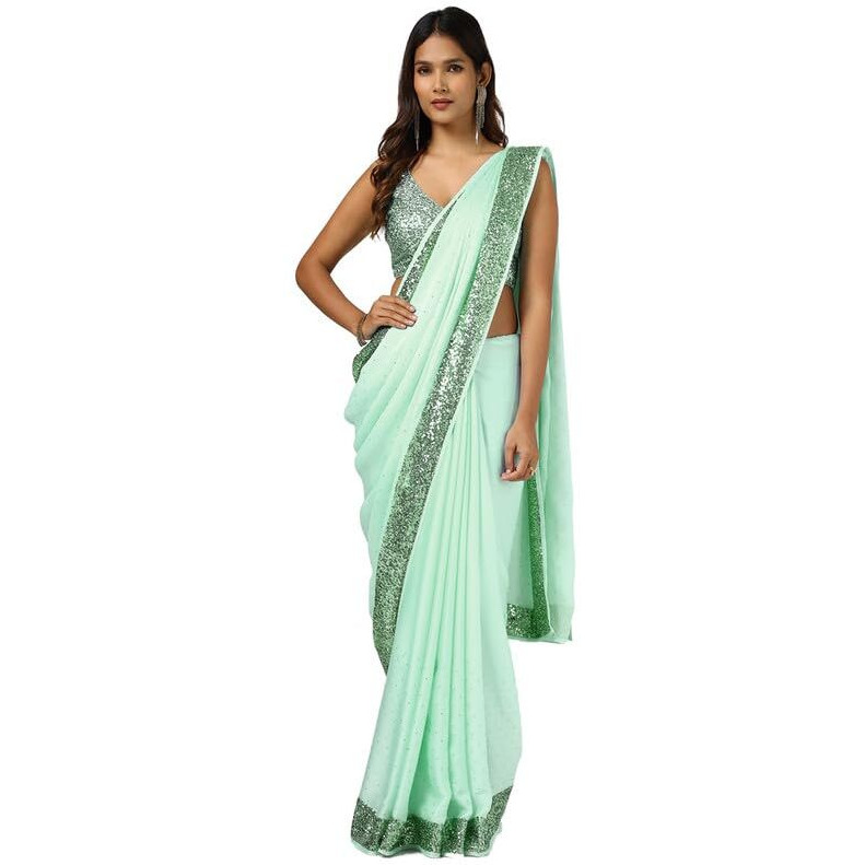 Soch Womens Light Green Satin Saree With Stones And Sequins
