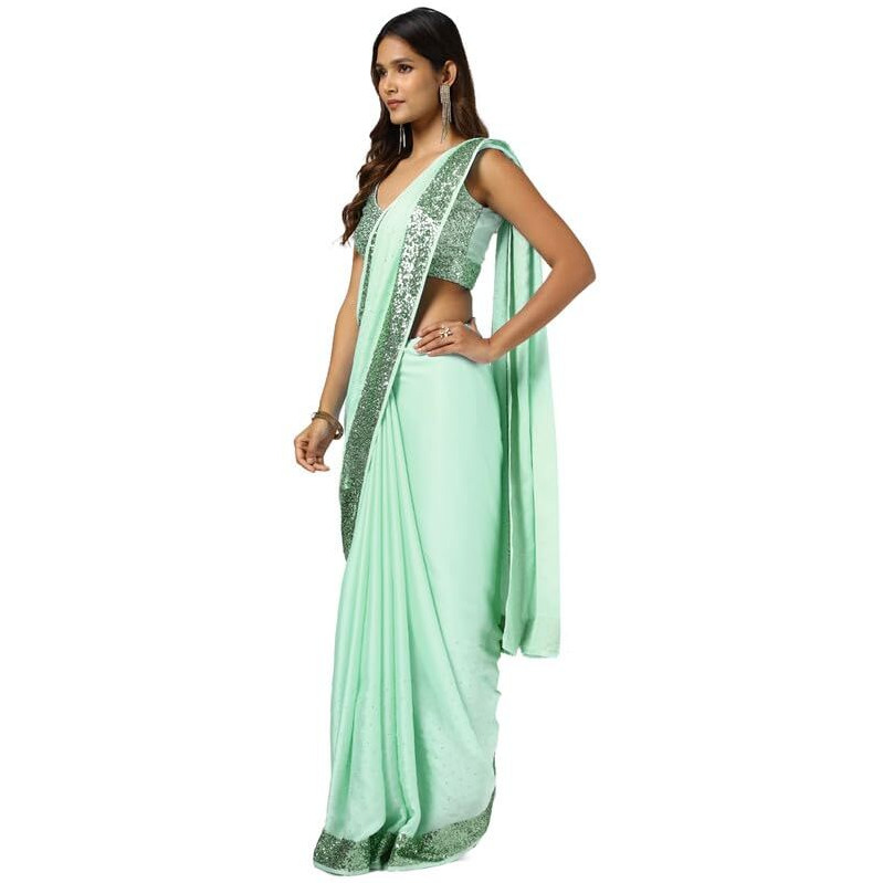Soch Womens Light Green Satin Saree With Stones And Sequins