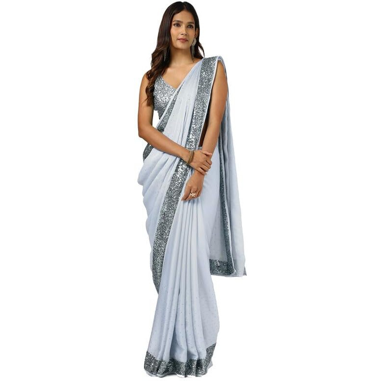 Soch Womens Light Grey Satin Saree With Stones And Sequins