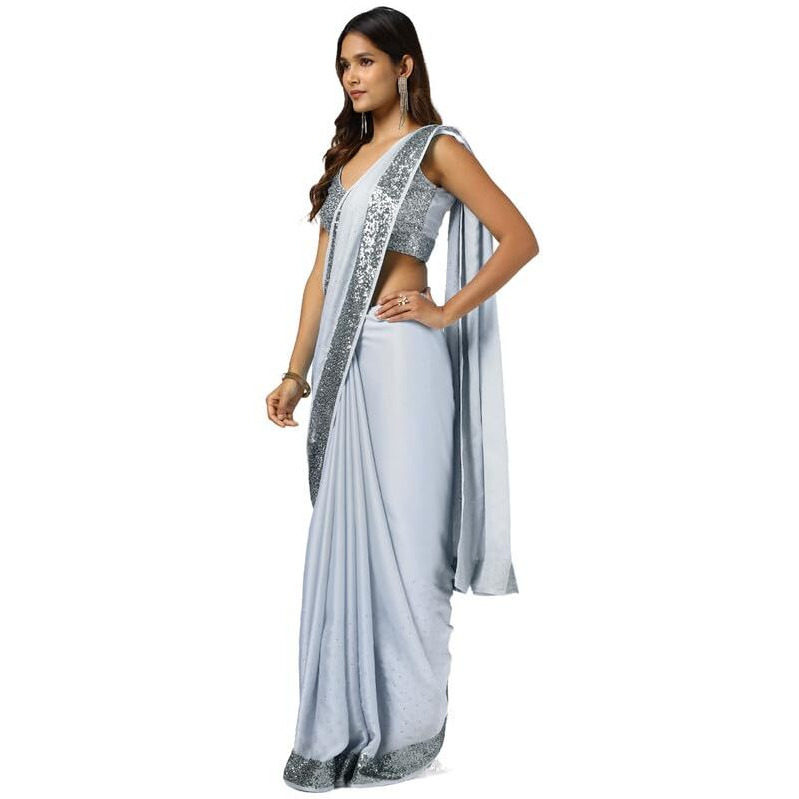 Soch Womens Light Grey Satin Saree With Stones And Sequins