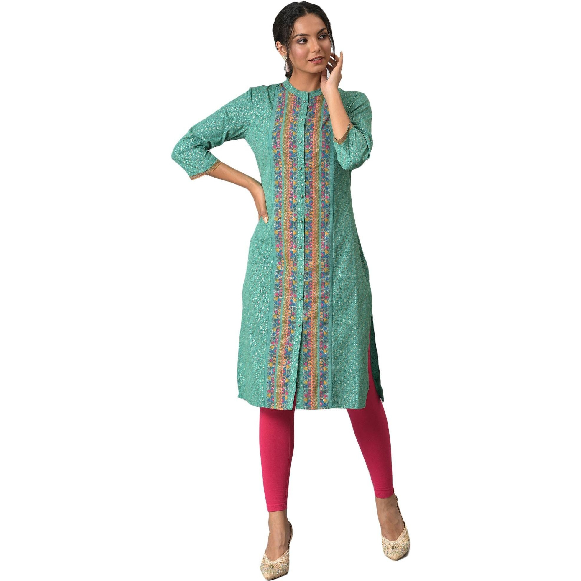 W For Woman Light Green Synthetic Geometric Printed Kurta With Glitter Detail