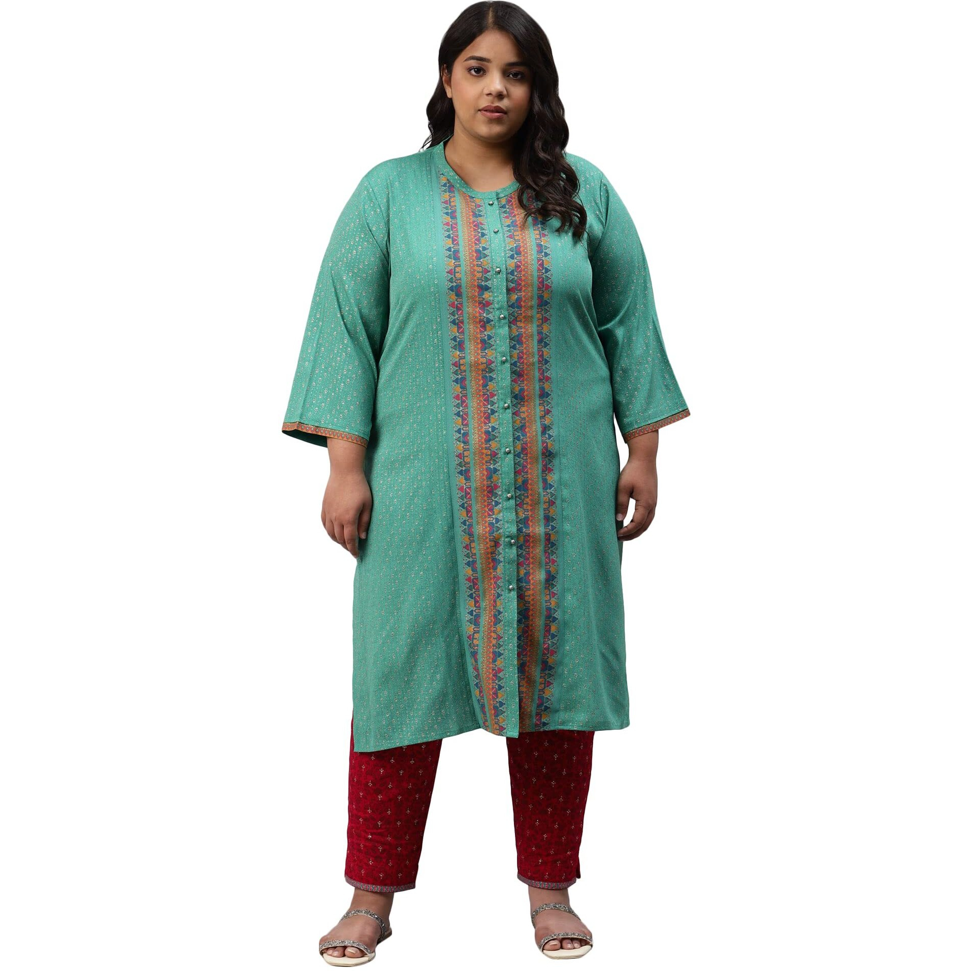 W For Woman Pop Green Printed Festive Full Placket Plus Size Kurta_22Auw18237G-119077_5Xl