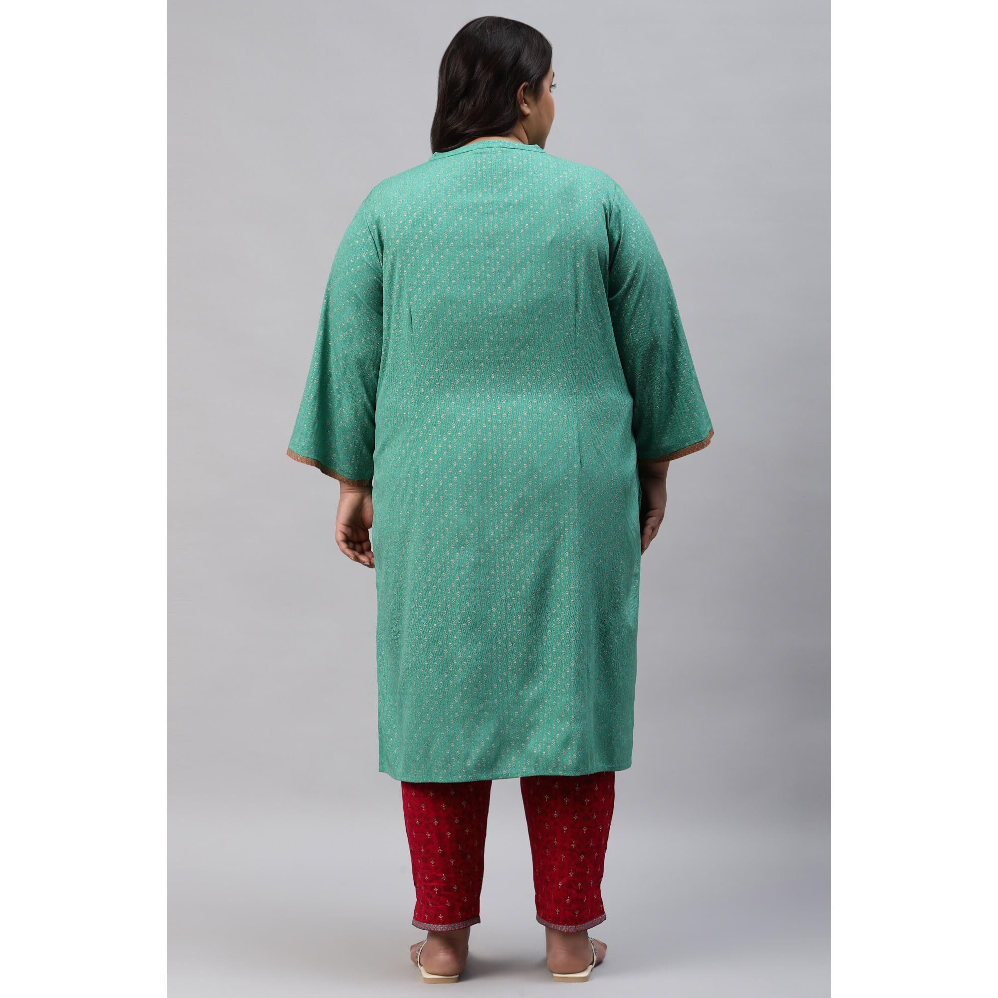 W For Woman Pop Green Printed Festive Full Placket Plus Size Kurta_22Auw18237G-119077_5Xl