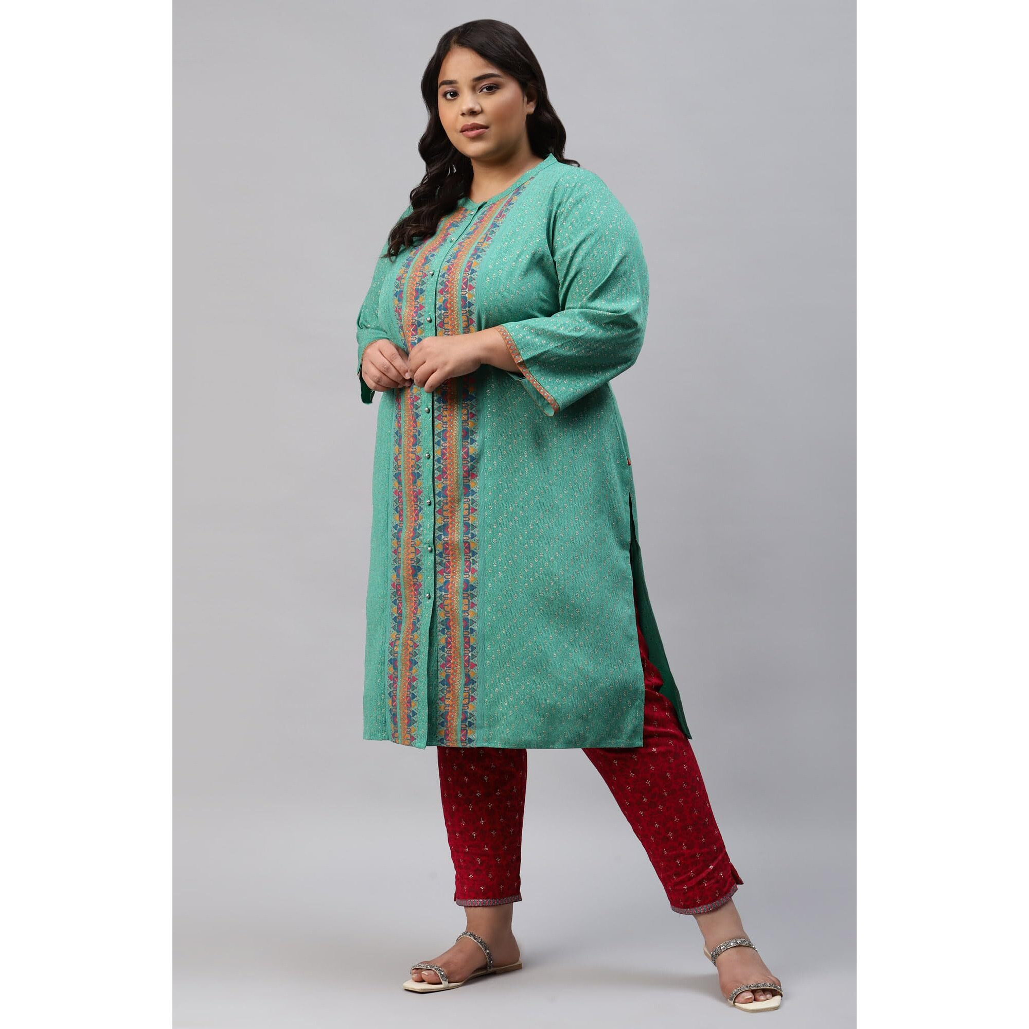 W For Woman Pop Green Printed Festive Full Placket Plus Size Kurta_22Auw18237G-119077_5Xl