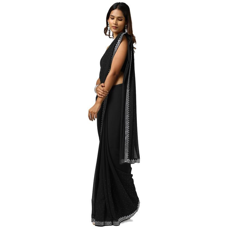 Soch Womens Black Georgette Saree With Stone Work