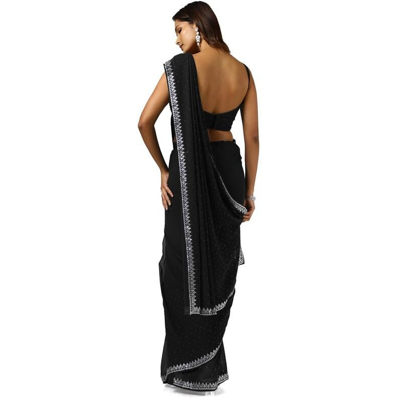 Soch Womens Black Georgette Saree With Stone Work