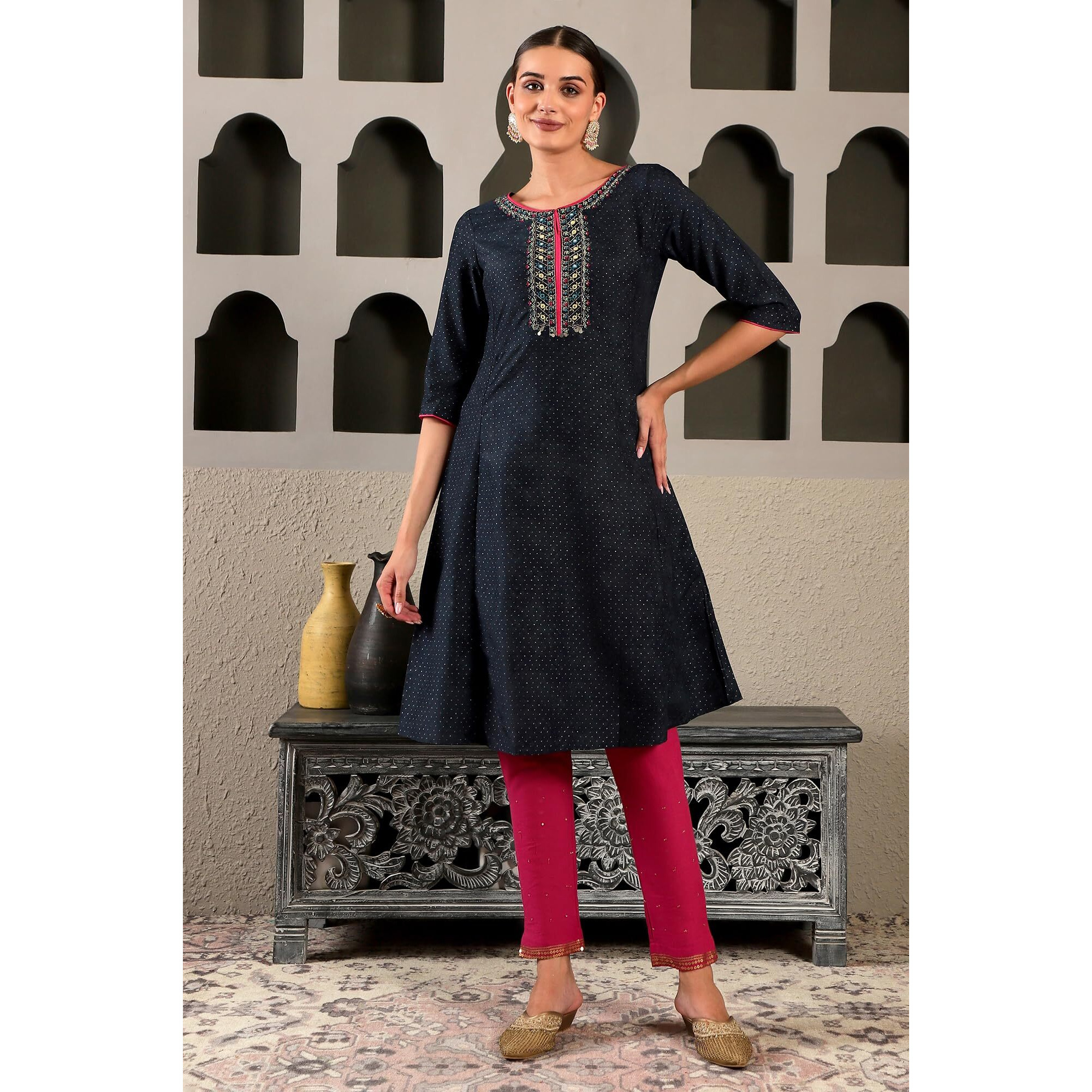 W For Woman Dark Blue Synthetic Polka Dot Regular Kurta With Glitter