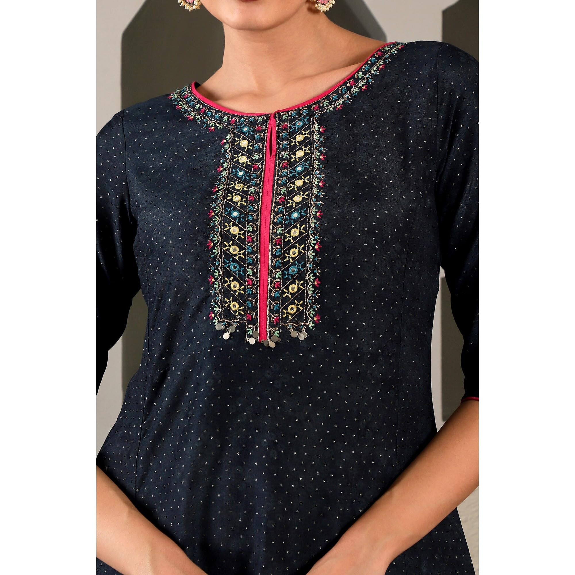 W For Woman Dark Blue Synthetic Polka Dot Regular Kurta With Glitter