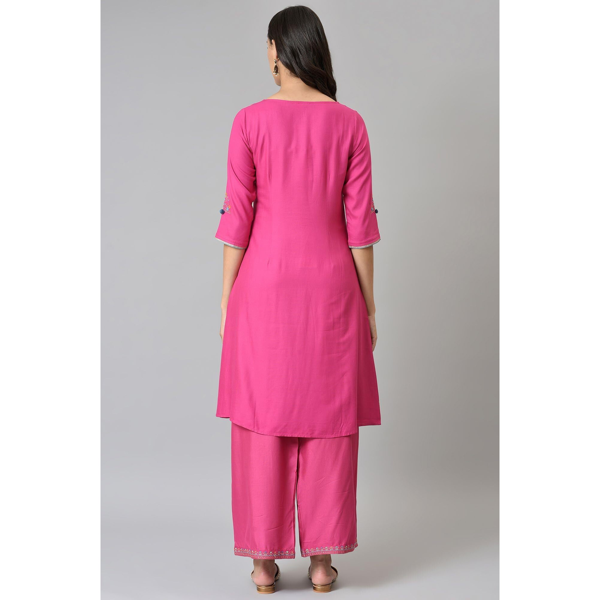 W For Woman Pink Floral Printed Regular Kurta With Metallic Embroidery