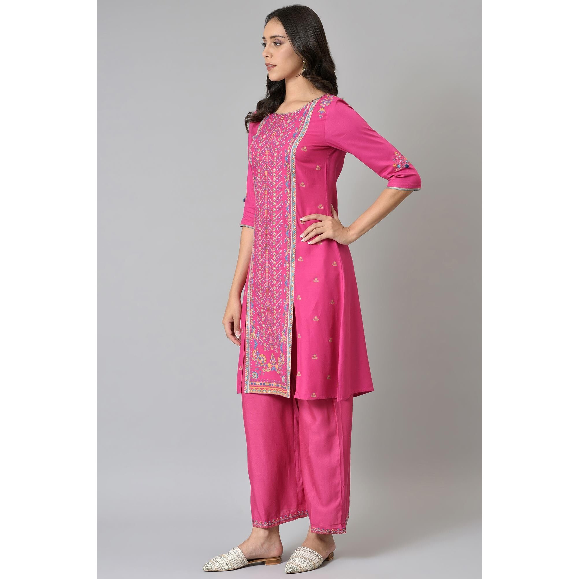 W For Woman Pink Floral Printed Regular Kurta With Metallic Embroidery