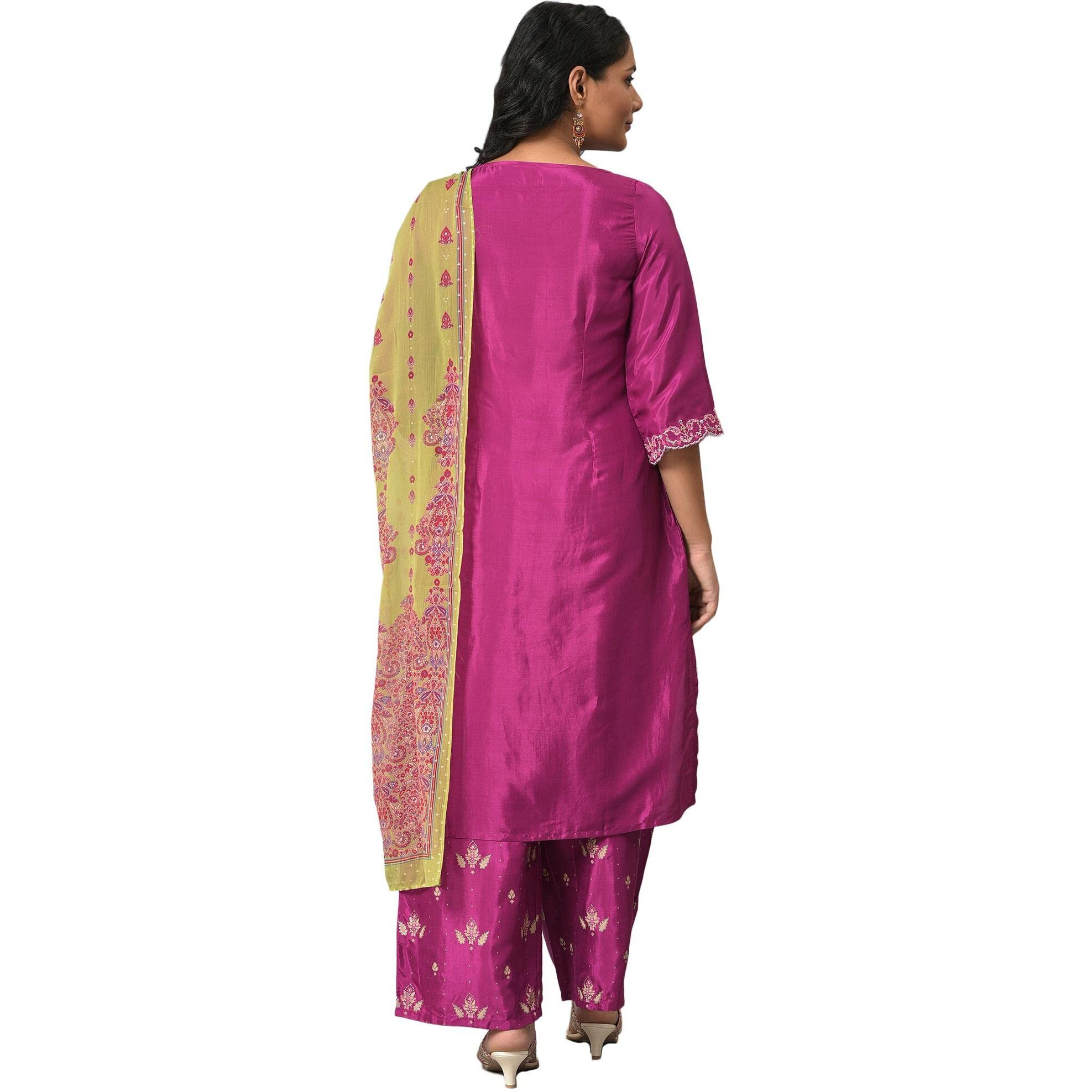 W For Woman Viscose Puruple Shatung Embroidered Kurta With Parallel Pants And Light Green Dupatta