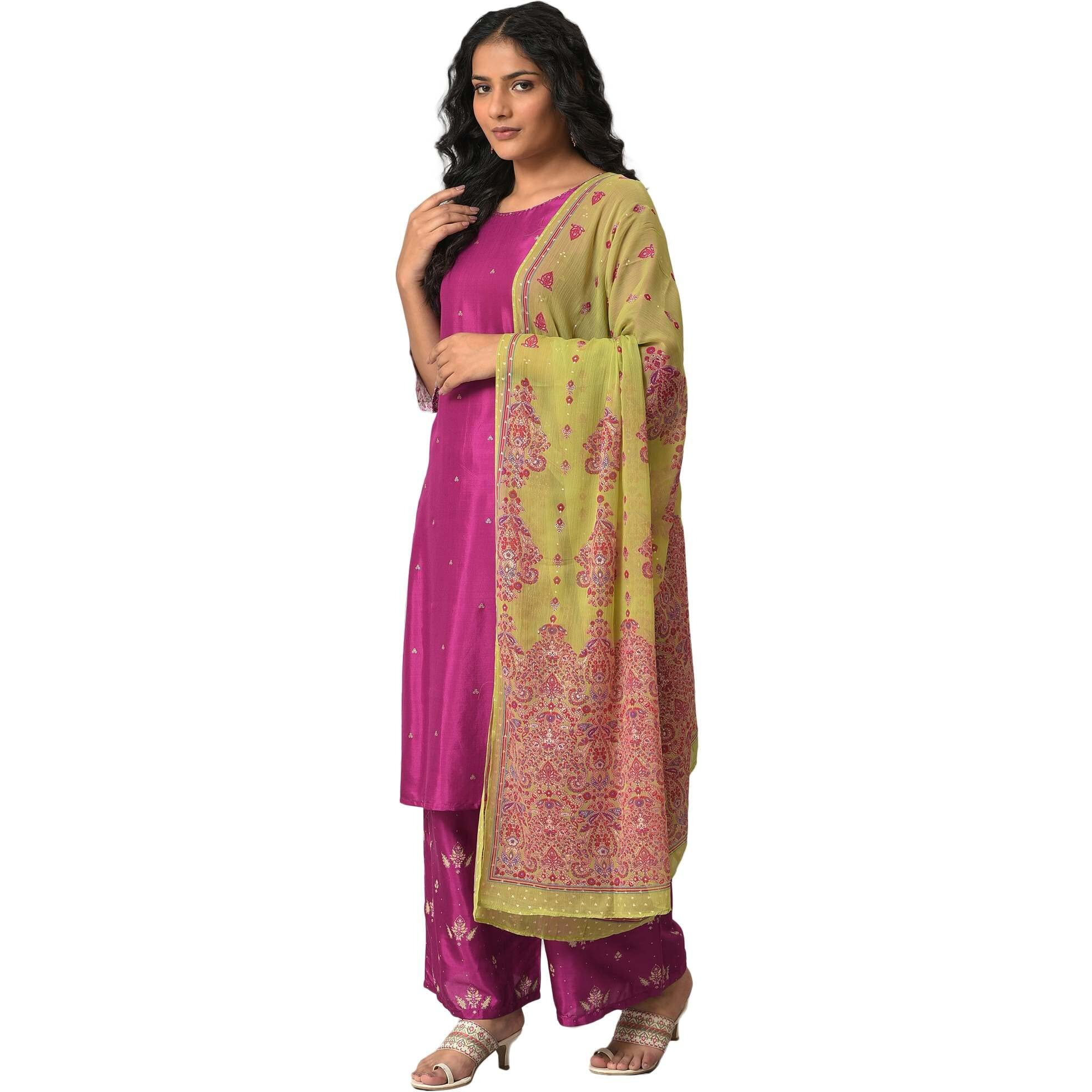 W For Woman Viscose Puruple Shatung Embroidered Kurta With Parallel Pants And Light Green Dupatta
