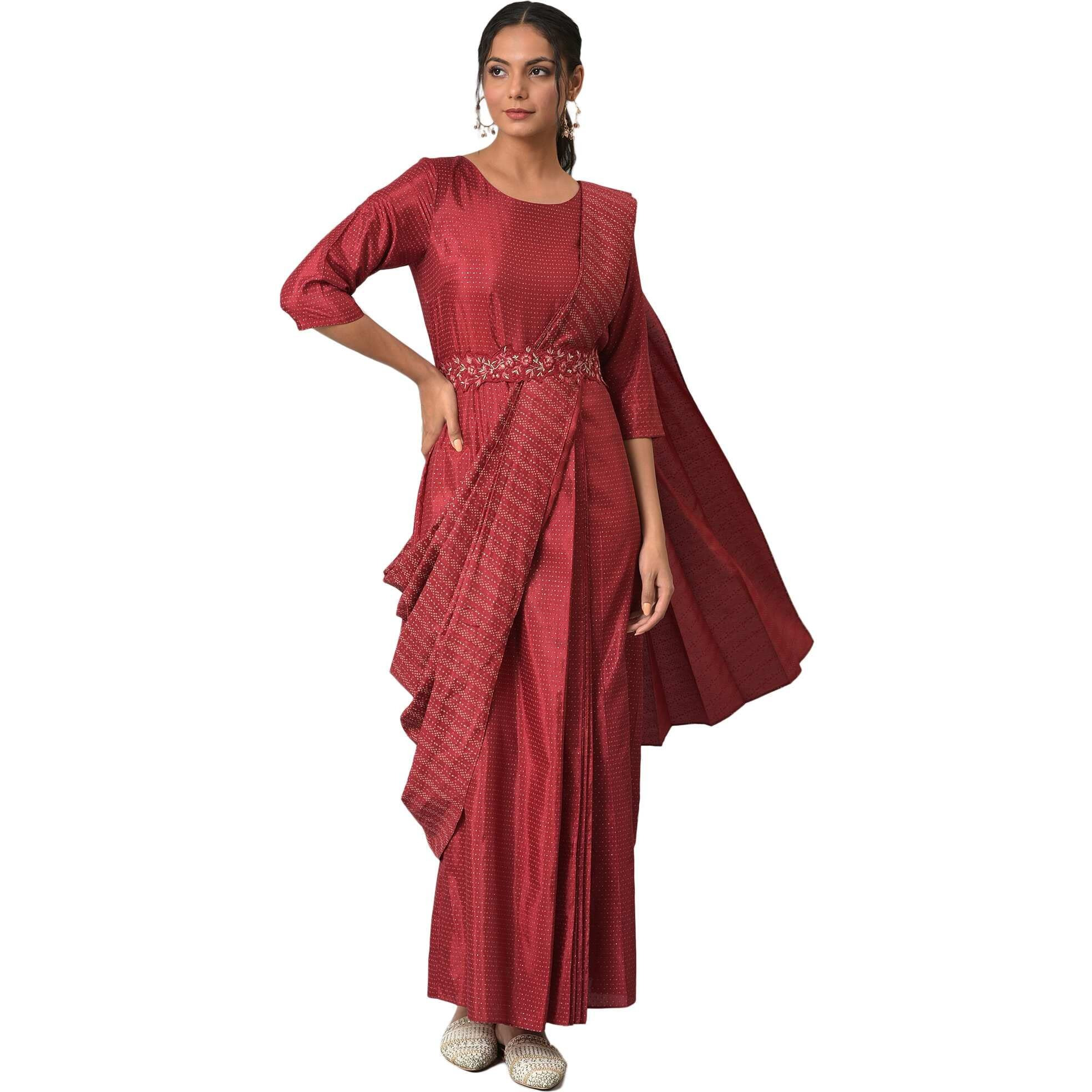 W For Woman Dark Red Polka Dot Glitter Stylised Dress With Metallic Embroidery