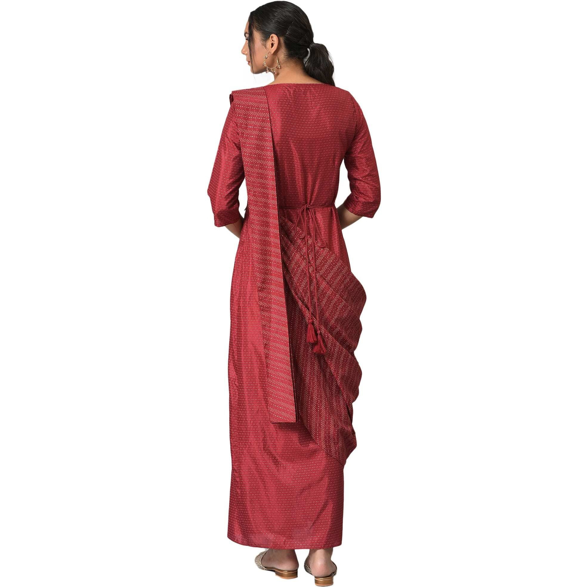 W For Woman Dark Red Polka Dot Glitter Stylised Dress With Metallic Embroidery