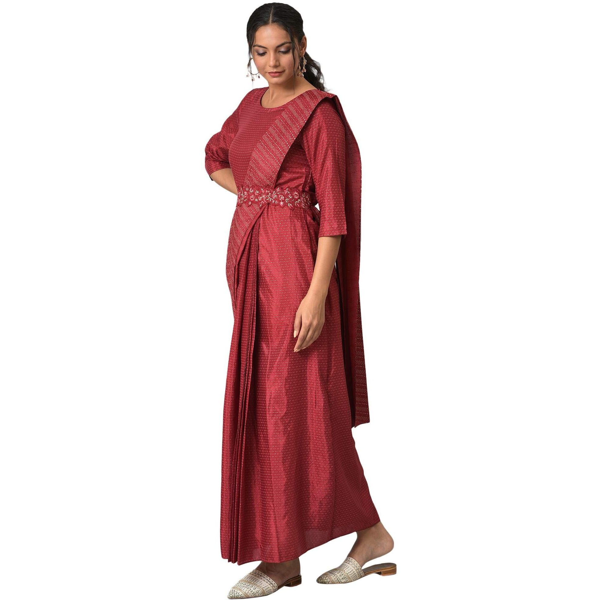 W For Woman Dark Red Polka Dot Glitter Stylised Dress With Metallic Embroidery