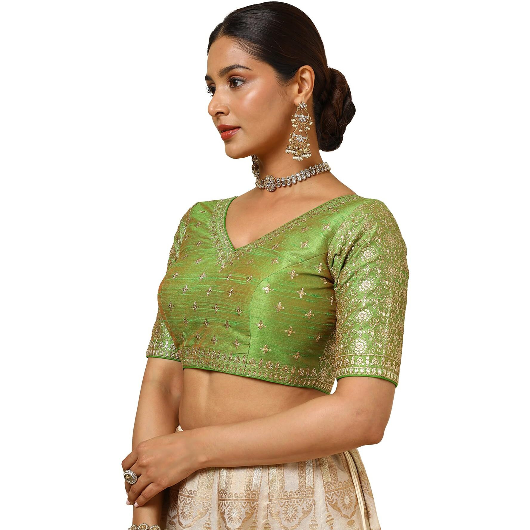 Soch Womens Light Green Tussar Embroidered Padded Blouse With Sequins