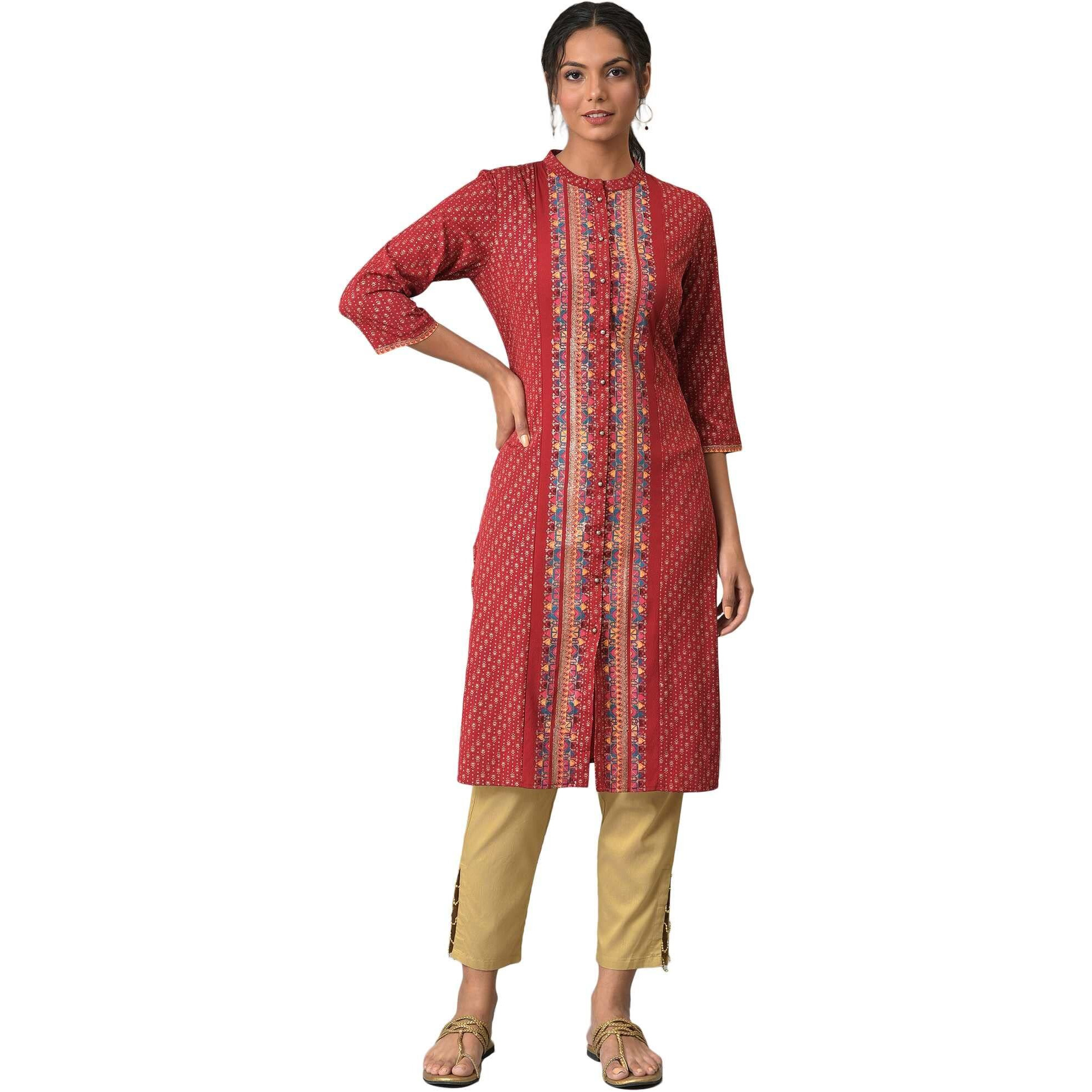 W For Woman Red Geometric Printed Synthetic Regular Glitter Kurta