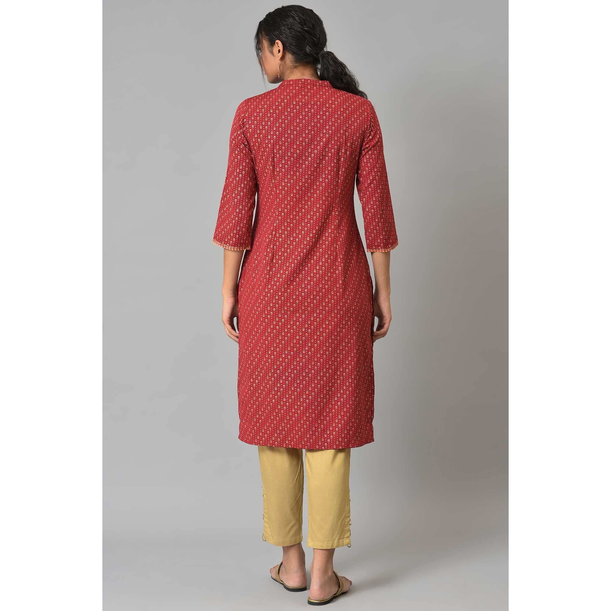 W For Woman Red Geometric Printed Synthetic Regular Glitter Kurta