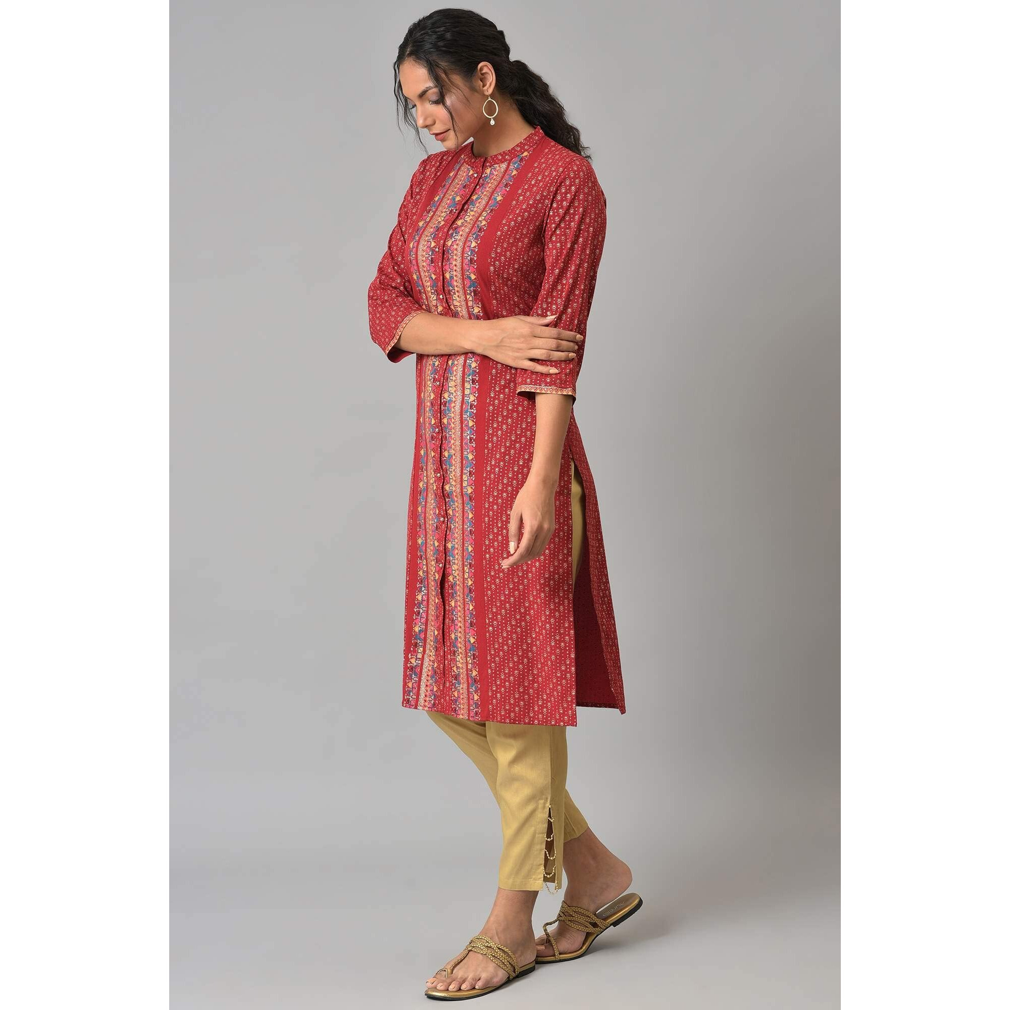 W For Woman Red Geometric Printed Synthetic Regular Glitter Kurta
