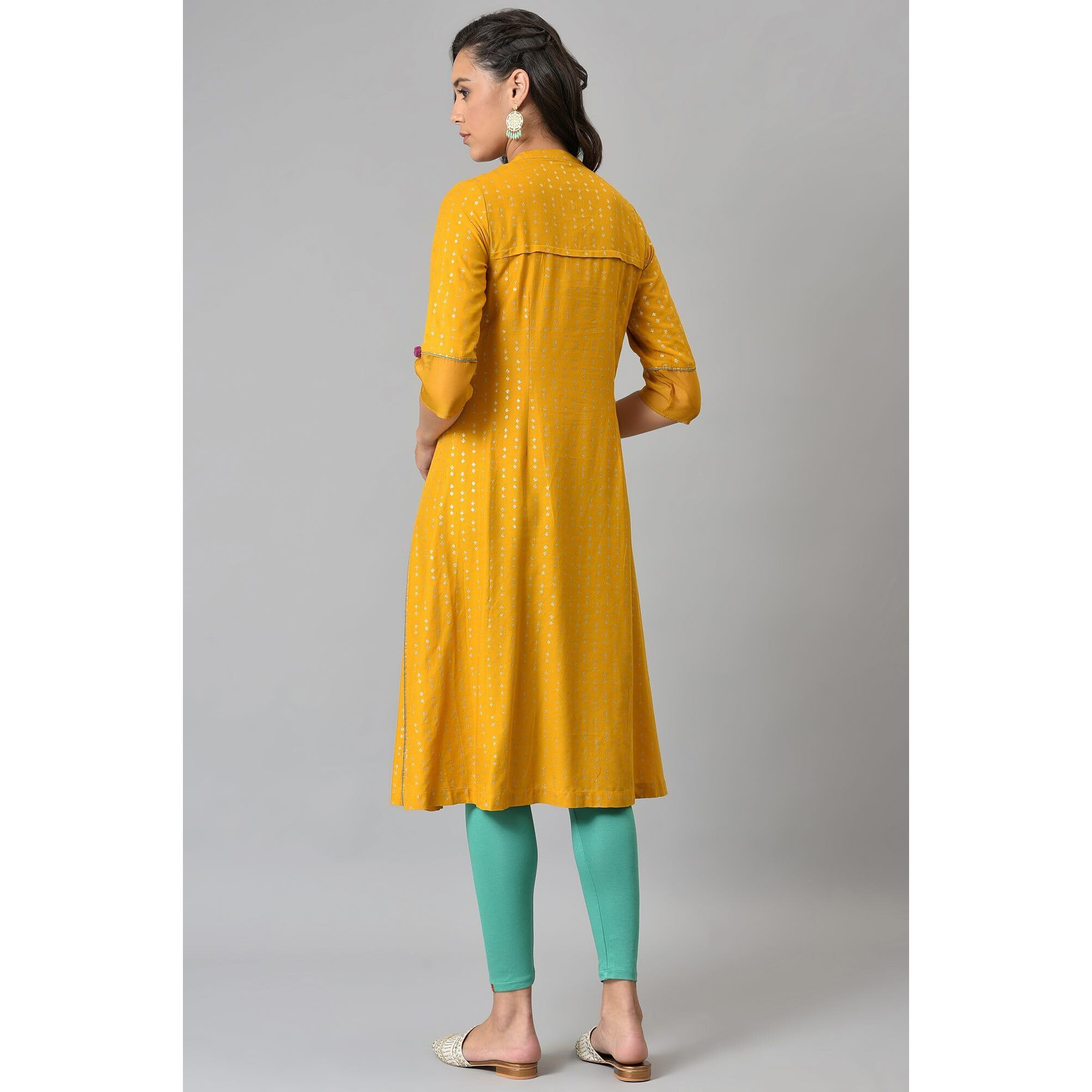 W For Woman Women Viscose Mustard Glitter Printed And Embroidered Regular A-Line Kurta_22Auw18233-119932_3Xl, Yellow