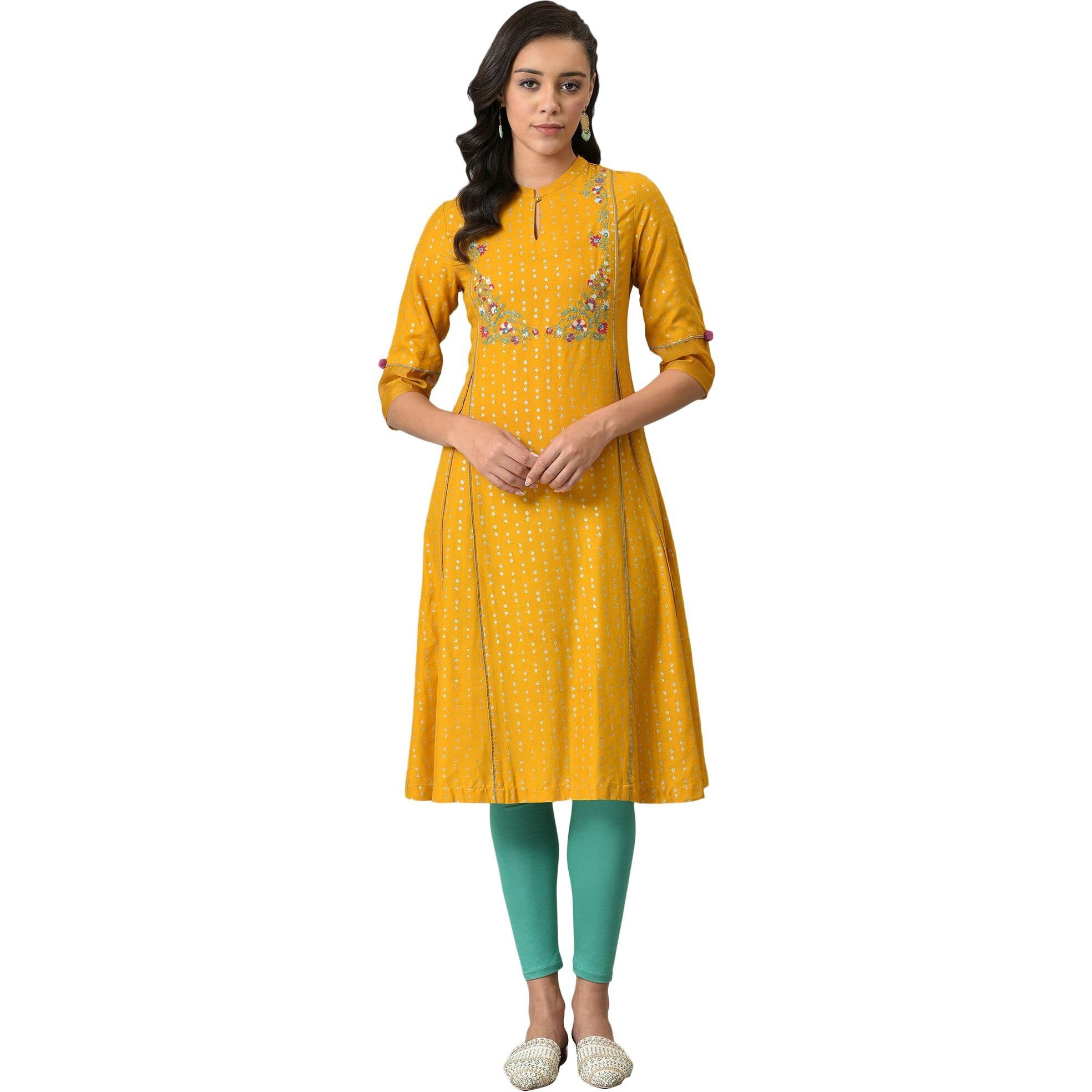 W For Woman Women Viscose Mustard Glitter Printed And Embroidered Kurta_22Auw18233-119932_S_8, Regular Fit