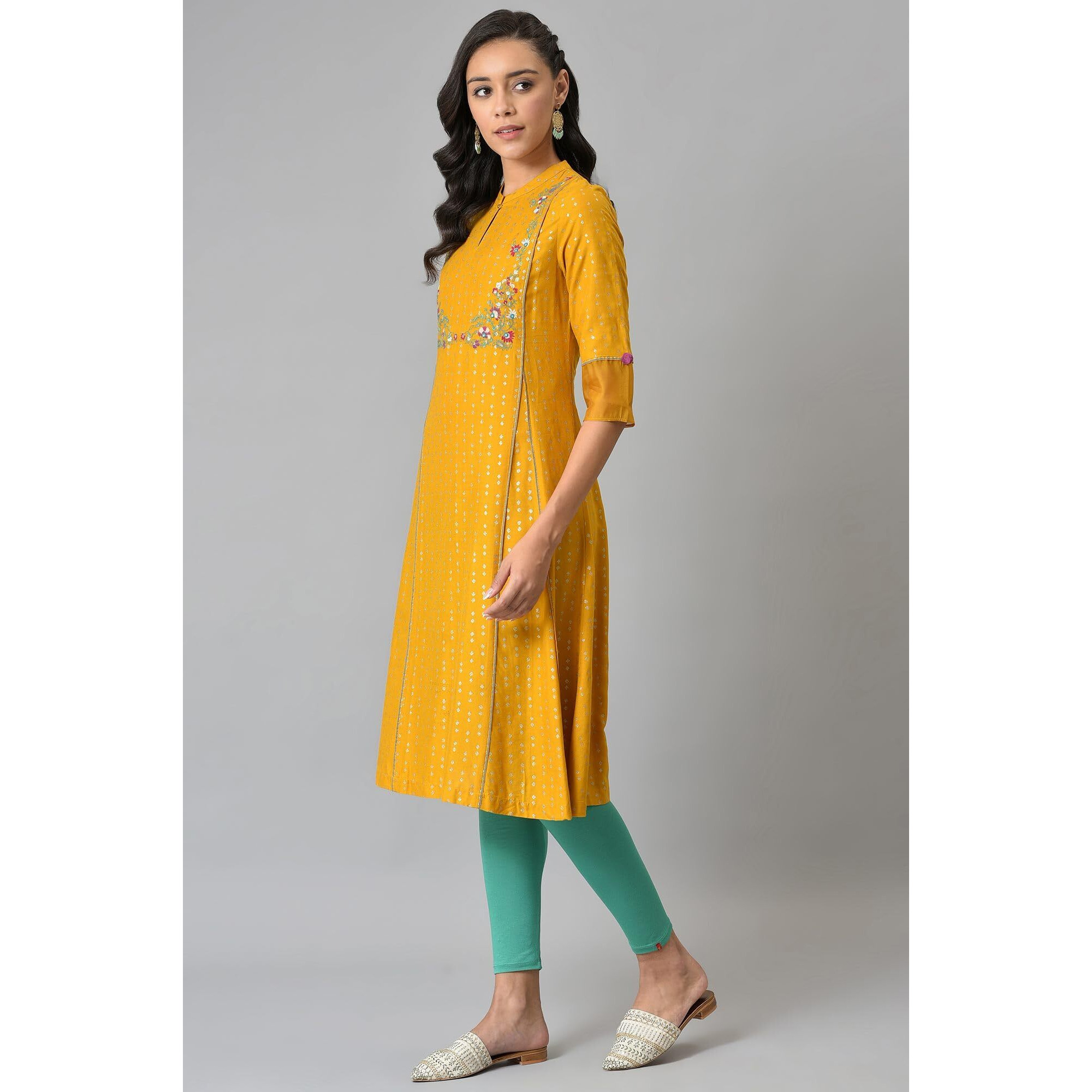 W For Woman Women Viscose Mustard Glitter Printed And Embroidered Kurta_22Auw18233-119932_S_8, Regular Fit