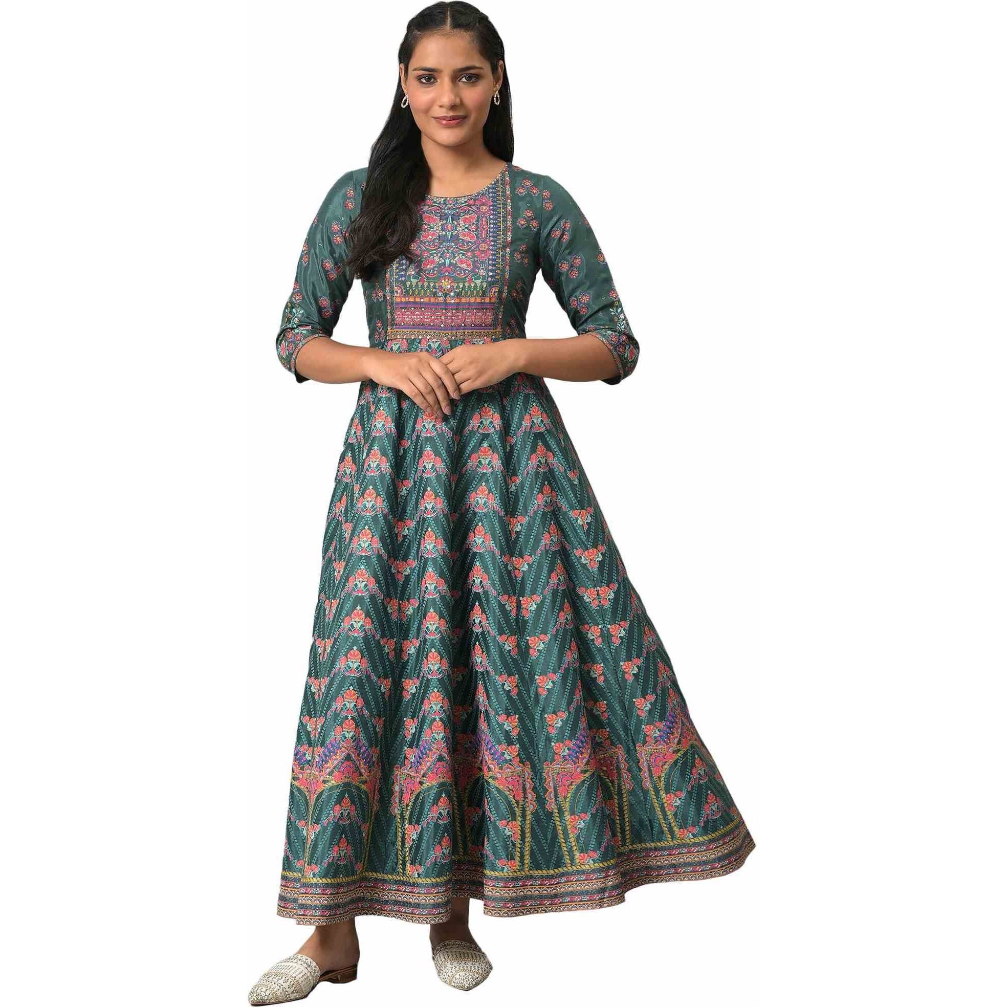 W For Woman Green Panelled Festive Printed Dress_22Auw18242-119114_M