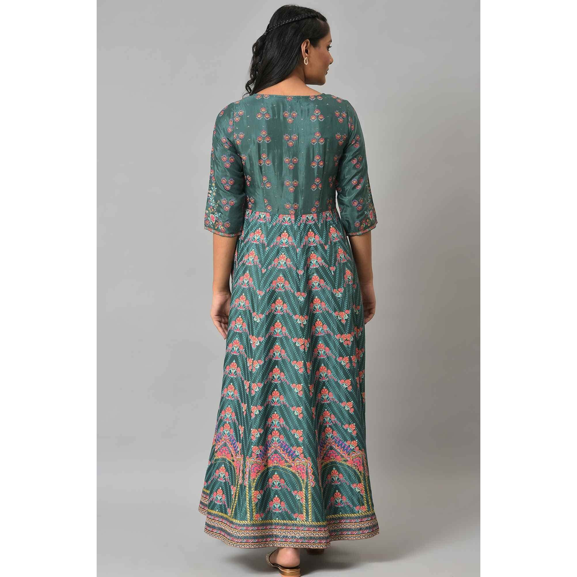 W For Woman Viscose Green Panelled Festive Printed Dress Ankle Length (22Auw18242-119114 L)_12