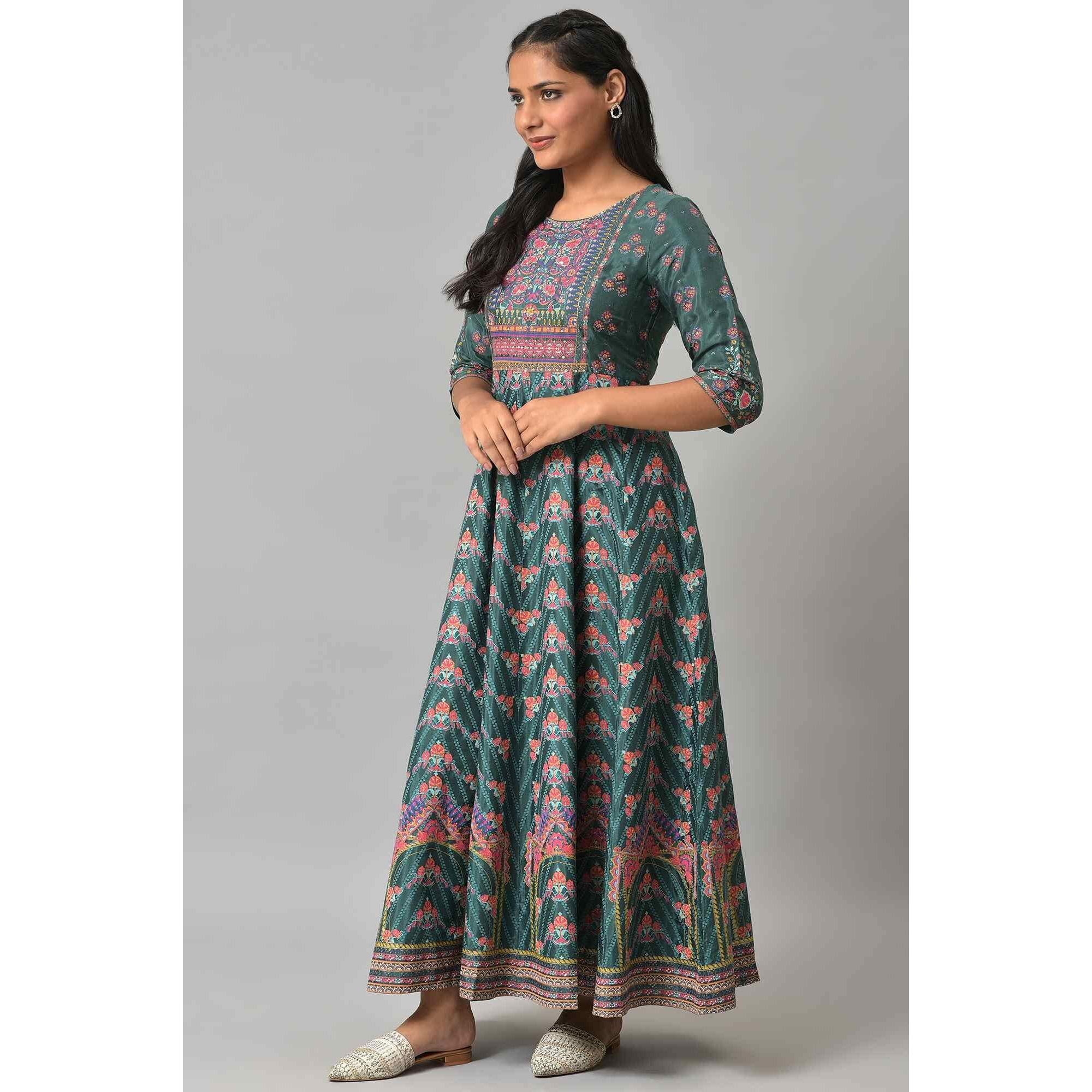 W For Woman Viscose Green Panelled Festive Printed Dress Ankle Length (22Auw18242-119114 L)_12