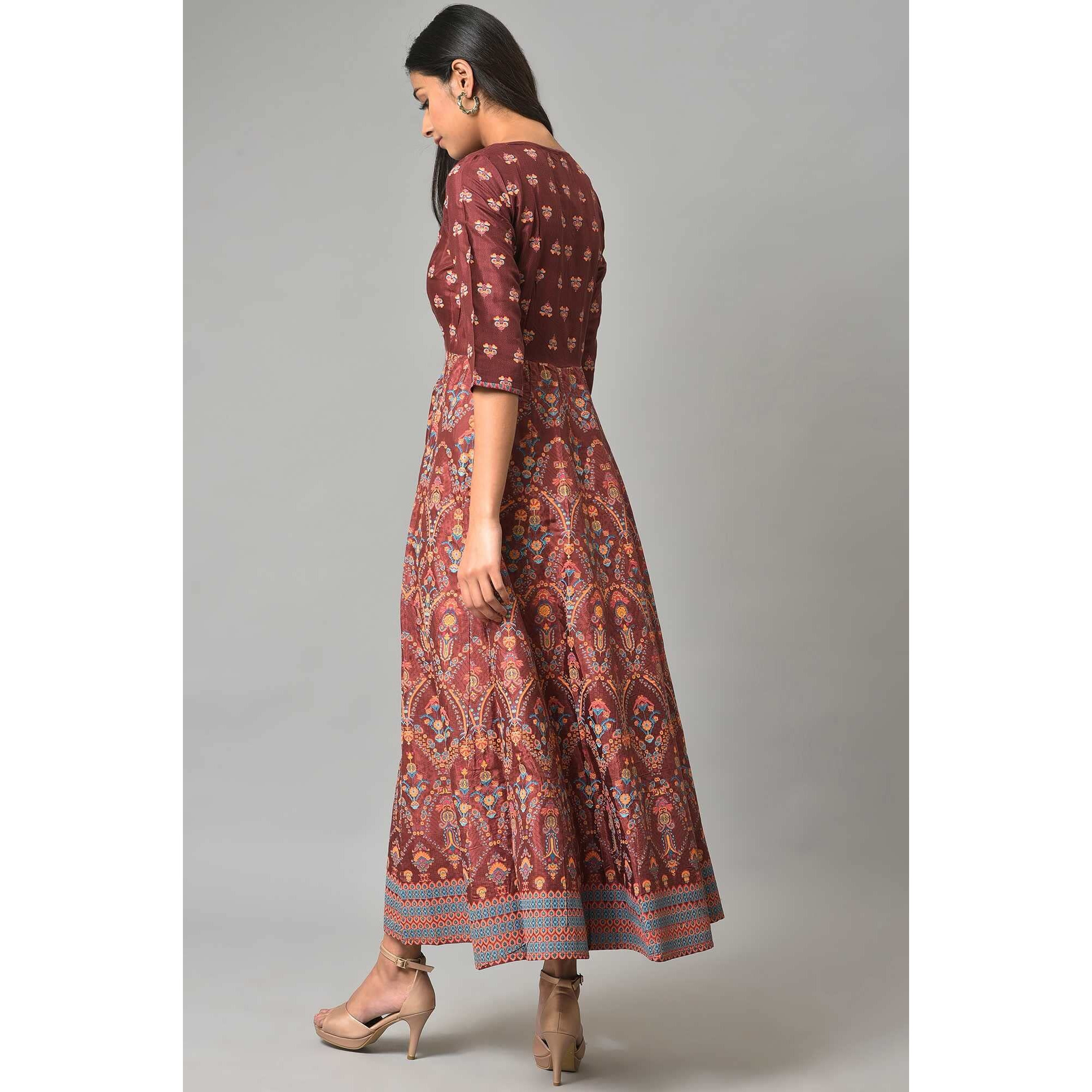 W For Woman Dark Brown Floral Printed Embroidered Glitter A-Line Dress