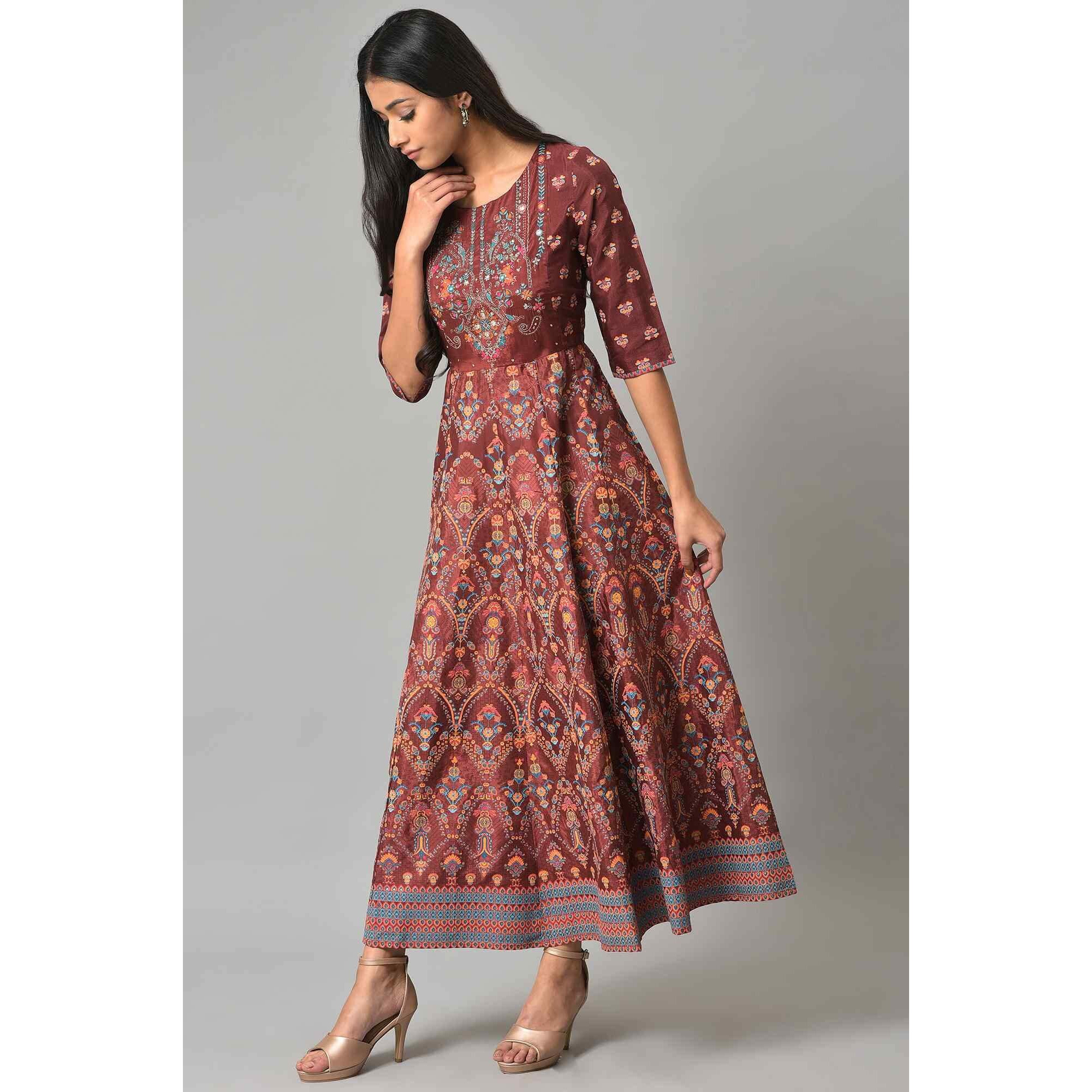 W For Woman Dark Brown Floral Printed Embroidered Glitter A-Line Dress