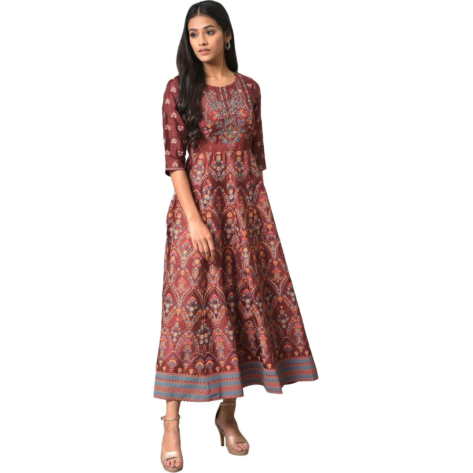 W For Woman Dark Brown Floral Printed Embroidered Glitter A-Line Dress