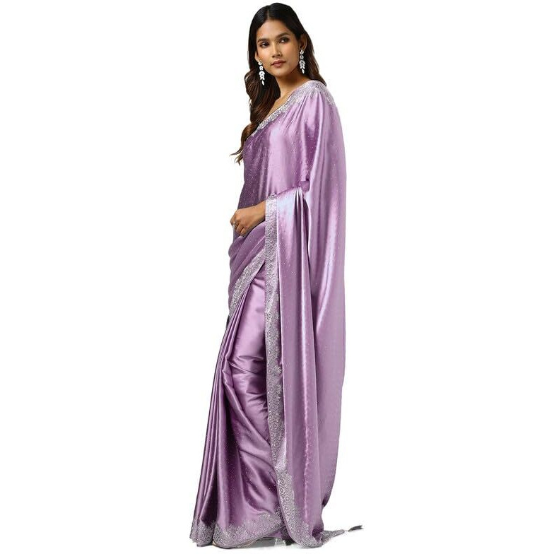 Soch Womens Lavender Satin Saree With Stone Work