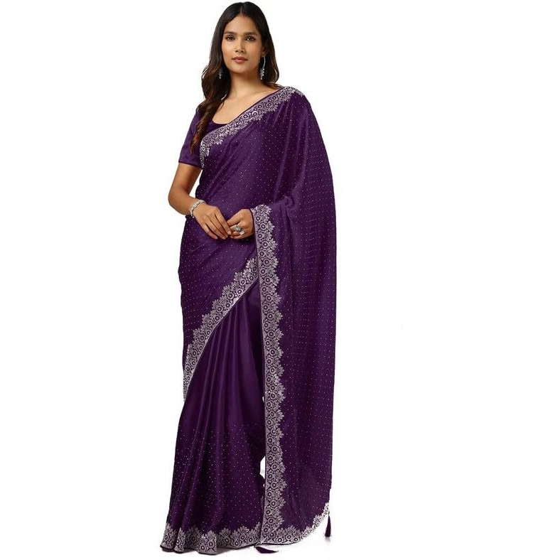 Soch Womens Purple Satin Saree With Stone Work