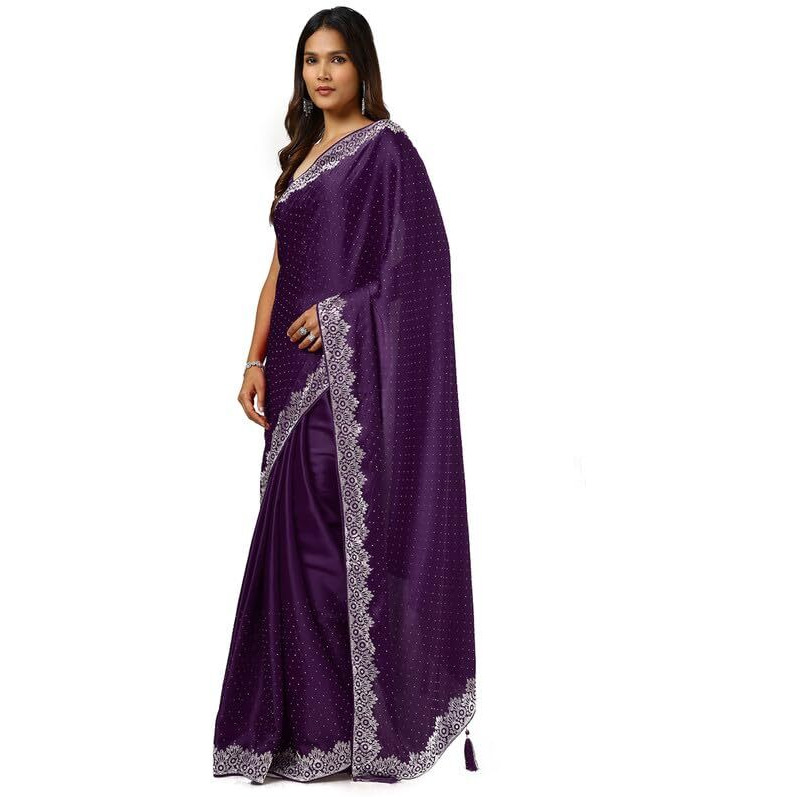 Soch Womens Purple Satin Saree With Stone Work