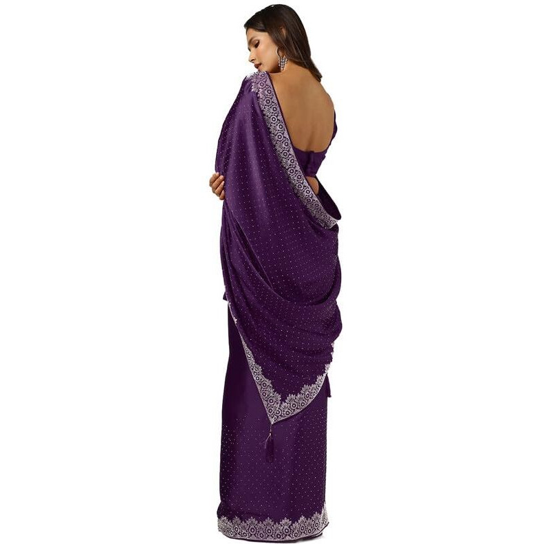 Soch Womens Purple Satin Saree With Stone Work